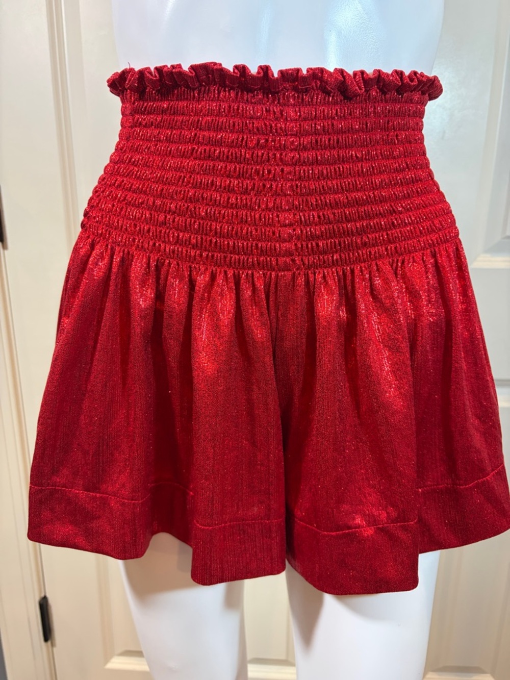 QUEEN OF SPARKLES Metallic Red Smocked Waist Mini Shorts